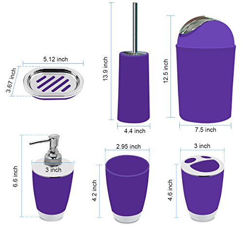 Bathroom Accessories Set, 6-Piece Plastic Gift Set, Toothbrush Holder, Toothbrush Cup, Soap Dispenser, Soap Dish, Toilet Brush Holder, Trash Can (Purple) - color: Purple