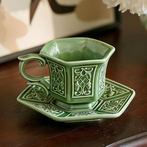 KAMMAK Tea Cups and Saucers Set of 2, 6 oz Porcelain Coffee Cups, SY004 | Stackable Espresso Mugs, Ceramic Demitasse for Coffee, Cappuccino, Latte, Americano, Tea - size: 8CZSY004