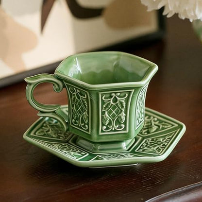 KAMMAK Tea Cups and Saucers Set of 2, 6 oz Porcelain Coffee Cups, SY004 | Stackable Espresso Mugs, Ceramic Demitasse for Coffee, Cappuccino, Latte, Americano, Tea - size: 8CZSY004