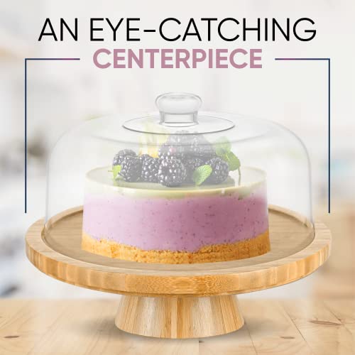 CHEF'S UNIQUE 6-in-1 Bamboo Cake Stand with Dome – Multifunctional Serving Platter, Punch Bowl, Salad Bowl, Chip & Dip Tray, Dessert Display with Clear Acrylic Cover