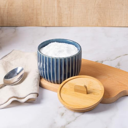 Salt Cellar Keeper with Bamboo Lid, 14oz Big Capacity Ceramic Sugar Bowls Pepper Box, Crackle Glaze Seasoning Container Condiment Pot for Kitchen (Blue Color) - color: Blue
