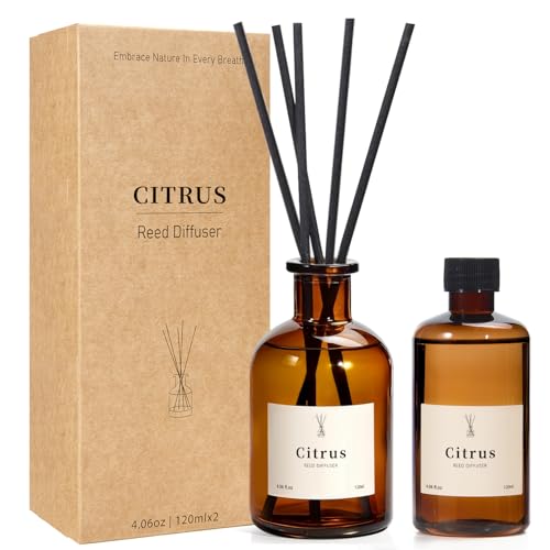 Reed Diffuser Set, 8.12 fl.oz Citrus Scent Oil Diffuser with Sticks, Long-Lasting Home Fragrance Reed Diffuser for Bathroom Shelf Decor, Air Freshener Room Diffuser, 2 Pack - color: Citrus