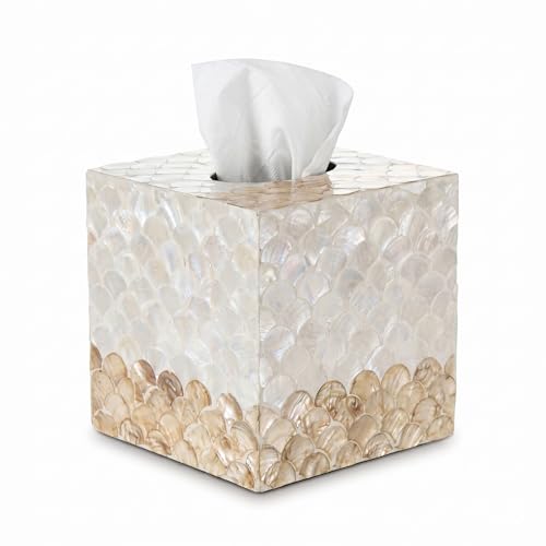 Coeusy Tissue Box Cover, Boho Decoraive Tissue Box Holder with Capiz Shell, Handmade Tissues Cube Box Cover for Bathroom Decor Accessories,Vanity,Bedroom or Office,Square(White and Golden Fish Scales) - color: White and Gold