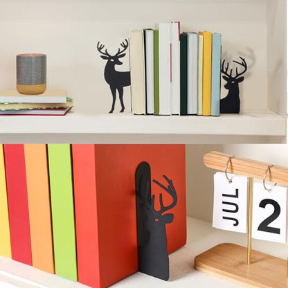 Reindeer Metal Bookends Set of 2 Black Reindeer Head Christmas Book Ends for Shelves Elk L Shaped Book Organizer for Desk Organizer Deer Lovers and Reading Enthusiasts - style: Christmas Reindeer