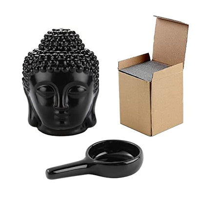 Ceramic Buddha Head Essential Oil Burner with Candle Spoon for Yoga Spa Bedroom Home Decoration, Aromatherapy Wax Melt Burners Oil Diffuser Tealight Candle Holder (Black)