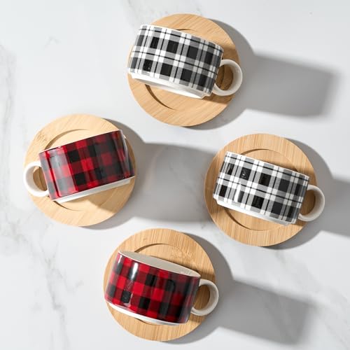 LUKA Porcelain Espresso Cup with Metal Stand,6 Ounce Stackable Ceramic Demitasse Espresso Mugs Cappuccino Cups Set for Latte,Coffee,Cafe Mocha,Tea - Set of 4 (Plaid Red & Gray) - color: Red Black Plaid