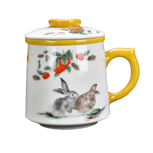 Ceramic Tea Mug with Infuser and Lid, Rabbit Pattern, 11.8 fl oz (350ml) | Ceramic tea cup with infuser and lid, Jingdezhen porcelain, matching saucer, removable strainer, for tea at home or office - color: Suet Jade-Rabbit