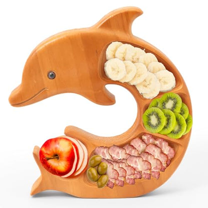 Charcuterie Board Platter Dolphin - Wooden Serving Tray for Cheese Fruit Snacks, 4-Compartment Ocean Theme Decorative Natural Wood Plates for Party Housewarming Gift Home Kitchen Supplies