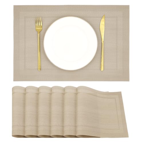 Placemats Set of 6, Heat Resistant Place Mats, Washable PVC Table Mats, Woven Vinyl Placemats, Non-Slip Stain Resistan Plastic Placemats for Table (Beige, 6) - color: Beige
