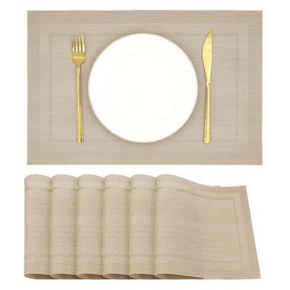 Placemats Set of 6, Heat Resistant Place Mats, Washable PVC Table Mats, Woven Vinyl Placemats, Non-Slip Stain Resistan Plastic Placemats for Table (Beige, 6) - color: Beige