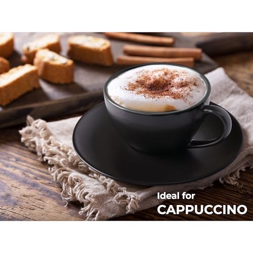 MIAMIO - Set of 6, Ceramic Stackable Cappuccino Cups Set / 6 Ounce Cappuccino Mugs and Saucer with Metal Stand for Coffee Drinks, Cafe, Latte, Americano and Tea - Le Papillon Collection (Black) - color: Black