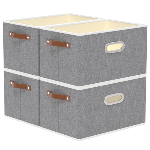 Yawinhe Foldable Storage Baskets for Shelves,16.9x11.8x10.2in,Grey,4-Pack | Collapsible Storage Bins for Towels, Container with Leather Handle for Organization, Fabric Rectangle Boxes for Home - color: Grey, size: 16.9x11.8x10.2inch(4-Pack)