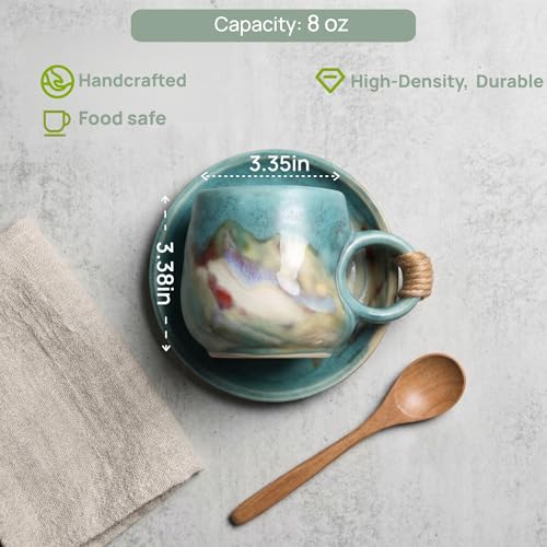 8oz Handmade Ceramic Tea Cup and Saucer set of 2, Small Artisanal Mug with saucer set , Lead-Free Latte Art Mug, Handcrafted Pottery tea mug with handle, Matching and Couple cups (White+Green set ) - color: White+Green( 2 pcs set )