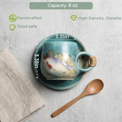 8oz Handmade Ceramic Tea Cup and Saucer set of 2, Small Artisanal Mug with saucer set , Lead-Free Latte Art Mug, Handcrafted Pottery tea mug with handle, Matching and Couple cups (White+Green set ) - color: White+Green( 2 pcs set )