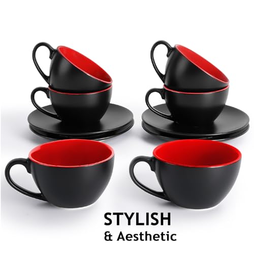 MIAMIO - Set of 6, Ceramic Stackable Cappuccino Cups Set / 6 Ounce Cappuccino Mugs and Saucer with Metal Stand for Coffee Drinks, Cafe, Latte, Americano and Tea - Le Papillon Collection (Red) - color: Red