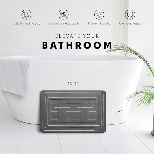 Diatomaceous Earth Stone Bath Mat - Ash Tile | Modern Fast Dry Bathroom Floor Shower Mat, Quick Drying Premium Luxury Diatomite Spa Stone Gift, Non-Slip Base, 23.6" x 15.4" - color: Ash Tile