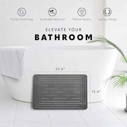 Diatomaceous Earth Stone Bath Mat - Ash Tile | Modern Fast Dry Bathroom Floor Shower Mat, Quick Drying Premium Luxury Diatomite Spa Stone Gift, Non-Slip Base, 23.6" x 15.4" - color: Ash Tile