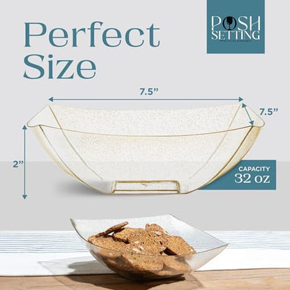 4 Pack Disposable Gold Plastic Serving Bowls Square Party Candy Use 32oz | Square Design. Disposable Party Tableware. Salad, Fruit & Candy Use. Candy Buffet Containers. Gold Plastic. - color: GOLD GLITTER, size: 32 OUNCE