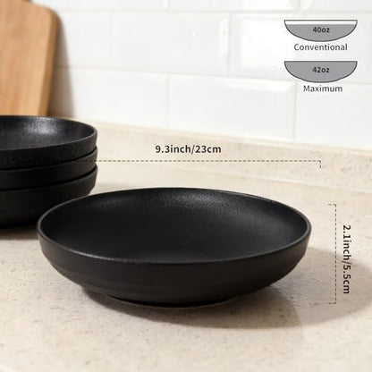 HAPPY KIT Stoneware 9'' Pasta Bowls 42oz Set of 4, Matte Black - color: MatteBlack