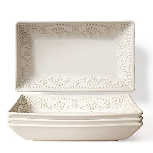 Appetizer Plates Set of 4, 8.25" Embossed Ceramic Rectangular Dessert Plates, Deep Lipped Edges, Microwave & Dishwasher Safe, Salad Sushi Snack Serving Plates (White, Damask Floral) - color: White (Damask Floral), size: 8.25 inch