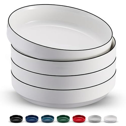 KooK Ceramic Large Pasta Bowls, Microwave and Dishwasher Safe, Great for Soups and Salads, Shallow Serving Bowls, Glossy Porcelain, 47 oz, Set of 4, French - color: French