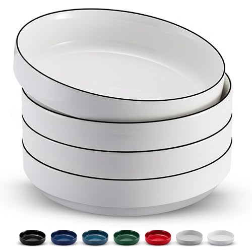 KooK Ceramic Large Pasta Bowls, Microwave and Dishwasher Safe, Great for Soups and Salads, Shallow Serving Bowls, Glossy Porcelain, 47 oz, Set of 4, French - color: French