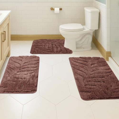 Bath Rugs Set 3 Pieces Bathroom Mat Soft Absorbent Plush Shaggy Soft Floor Non Slip Shower Bath Tub Machine Washable (Cocoa-Leaf, 20"x32"/20"x20"/17"x24") - color: Cocoa-leaf, size: 20"x32"/20"x20"/17"x24"
