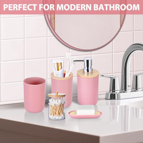Bathroom Accessories Set 5Piece Pink Bathroom Sets, Toothbrush Holder, Toothbrush Cup, Lotion Soap Dispenser, Soap Dish and Qtip Holder Bathroom Decor - style: Pink