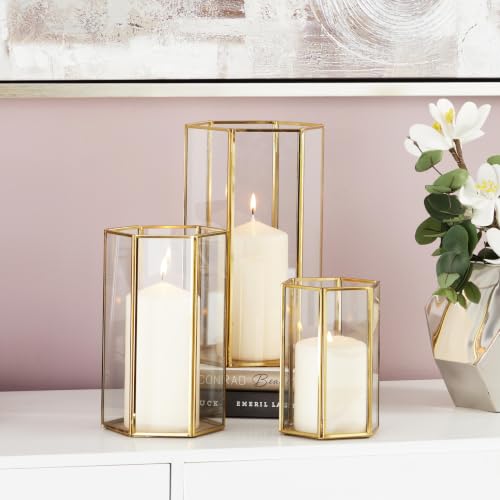 CosmoLiving by Cosmopolitan Glass Decorative Candle Lantern with Metal Plate, Set of 3 6", 8", 10"H, Gold - size: 3 PIECES SMALL SIZE