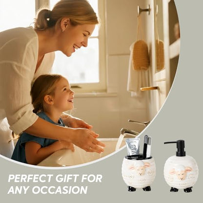 Sheep Bathroom Accessories 2 Piece Set Ceramic Soap Dispenser and Toothbrush Holder for Modern Bathroom Decor, Bathroom Accessory Set