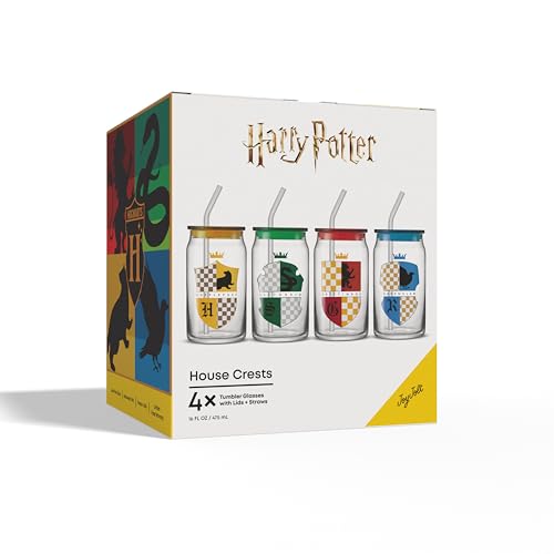JoyJolt Harry Potter House Crests Glass Tumblers with Lids and Straws, 16oz Glass Cups with Lids and Straws, Can Shaped Drinking Glasses Set of 4, Hogwarts Cup, Harry Potter Merchandise - style: Harry Potter