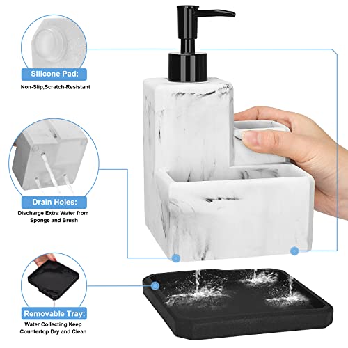 Soap Dispenser with Sponge Holder and Brush Holder,White Marble 3 in 1 Liquid Hand Dish Soap Dispenser and Sponge Holder Sink Caddy Organizer for Kitchen Bathroom,Removable Bottom Tray