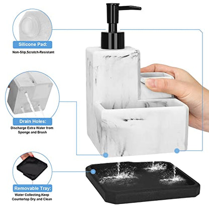 Soap Dispenser with Sponge Holder and Brush Holder,White Marble 3 in 1 Liquid Hand Dish Soap Dispenser and Sponge Holder Sink Caddy Organizer for Kitchen Bathroom,Removable Bottom Tray