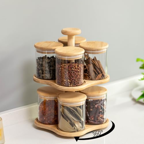 Minimalist Two-Tier Bamboo Lazy Susan Turntable with 8 Pcs 12 oz Airtight Lid Glass Jars, Versatile Spice Rack Organizer, Perfect for Kitchen Countertops, Dining Tables, and Pantry Cabinets