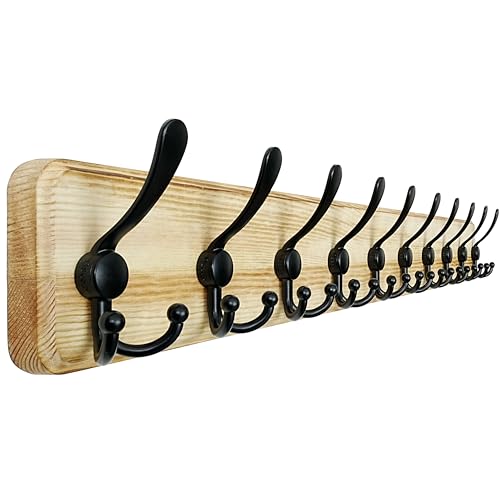 Coat Rack Wall - Heavy-Duty 38-1/4" Long, with Reinforced 10 Custom Tri-Hooks, Solid Wood Wall Hanger for Coats Hat Jackets - Rustic Farmhouse Entryway Hallway Storage, Light Brown & Black - color: Light Brown & Black, size: L=38.3"