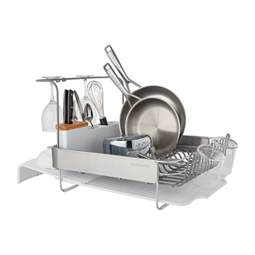 KitchenAid Full Size Compact to Full Capactiy Expandable Rust Resistant Dish Rack, with Self Draining Angled Drainboard and Removable Flatware Caddy, 24-Inch, White - color: White, size: Expandable