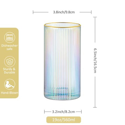 Joeyan Iridescent Gold Rim Ribbed Highball Glasses Set of 2, 12oz Hand Blown Crystal Drinking Glass Tumbler for Cocktail, Iced Coffee, Juice, Water, Soda, Tall Glassware for Kitchen Bar & Home Use - color: Iridescent highball glasses