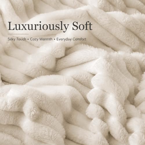 Nookly Beige Twin Size Fleece Blanket, Soft Lightweight Ribbed Plush Bed Blanket, Cozy All-Season Striped Fleece Twin Throw for Bedroom and Home, 60x80 Inches - color: Beige, size: Twin(60"x80")