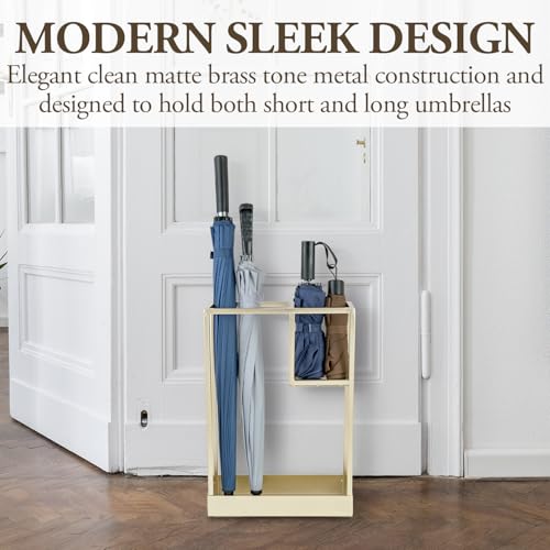 MyGift Modern Brass Tone Metal Entryway Umbrella Rack with Geometric Design, 13 x 5-inch Wide Rectangular Freestanding Cane Umbrella Holder with Shelf for Small Umbrellas and Bottom Drip Catch Tray - color: Brass, size: 13.4″(Rectangle)