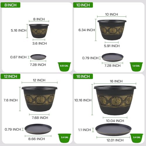 8 Inch Retro Plant Pots 6 Pack with Drainage and Saucers Gold | Gold retro PP pots with drainage holes and saucers for herbs succulents starter plants shelves and windowsills - color: Gold, size: 8 Inches-6 packs