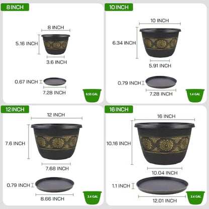 8 Inch Retro Plant Pots 6 Pack with Drainage and Saucers Gold | Gold retro PP pots with drainage holes and saucers for herbs succulents starter plants shelves and windowsills - color: Gold, size: 8 Inches-6 packs