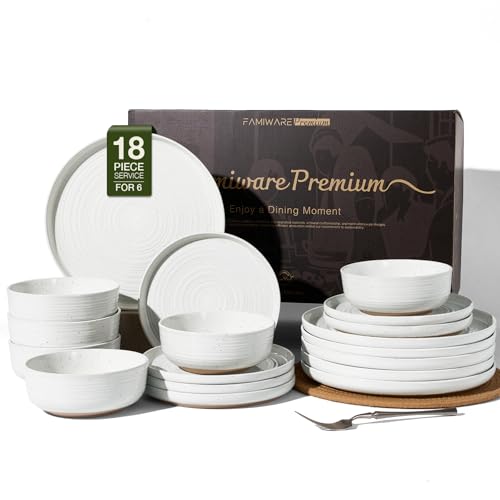 Stoneware Dinnerware Set for 6, Plates and Bowls, White | 18 pcs Speckled Spiral Coupe Dishes, Chip & Scratch Resistant Everyday Ceramics, Microwave & Dishwasher Safe, Farmhouse Style - color: White, size: Service for 6 (18pc)
