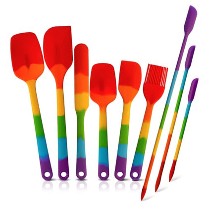 Silicone Spatula Set,9-Piece BPA Free Food Grade Heat Resistant Spatulas for Cooking Baking,Seamless One Piece Design,Non-Stick Safe,Dishwasher Safe,Withstands -104°F to 600°F（Rainbow） - color: Rainbow