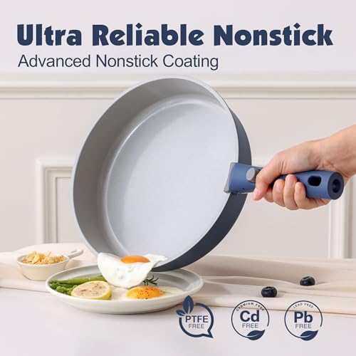 SENSARTE 17 Piece Ceramic Detachable Handle Pots and Pans Set Navy | Ceramic Cookware Set, Induction Cookware Set with Removable Handle, Healthy Non Stick for RV, Dishwasher ＆ Oven Safe - color: Navy, size: 17 Piece