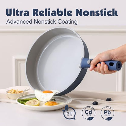 SENSARTE 17 Piece Ceramic Detachable Handle Pots and Pans Set Navy | Ceramic Cookware Set, Induction Cookware Set with Removable Handle, Healthy Non Stick for RV, Dishwasher ＆ Oven Safe - color: Navy, size: 17 Piece