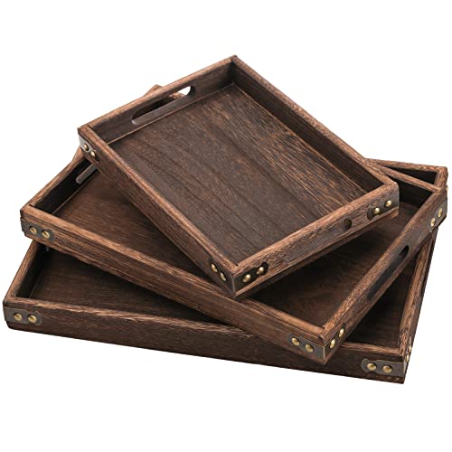 TOPZEA 3 Pack Wood Serving Tray with Handle, Farmhouse Wooden Coffee Table Trays Decorative Breakfast Tray for Bed, Couch, Ottoman, 3 Size