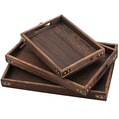 TOPZEA 3 Pack Wood Serving Tray with Handle, Farmhouse Wooden Coffee Table Trays Decorative Breakfast Tray for Bed, Couch, Ottoman, 3 Size