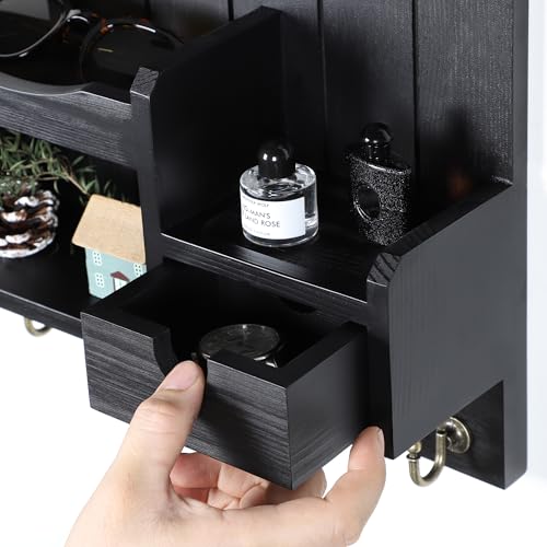 DOPACE Handcrafted Pine Wood Mail Organizer & Key Holder, Black | Hand-polished natural pine wood with storage drawer & 6 hooks, Fine spray paint finish, Easy wall mount - color: Black