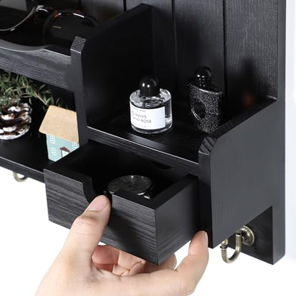 DOPACE Handcrafted Pine Wood Mail Organizer & Key Holder, Black | Hand-polished natural pine wood with storage drawer & 6 hooks, Fine spray paint finish, Easy wall mount - color: Black