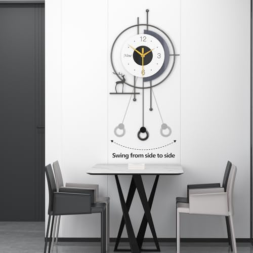 Modern Nordic Style Wall Clock Minimalist Creative Decorative Wall Clocks Silent Battery Powered Pendulum Clock Metal Frame + Wooden Dial Quartz Clock for Living Room Kitchen Bedroom Office, 13*25 in
